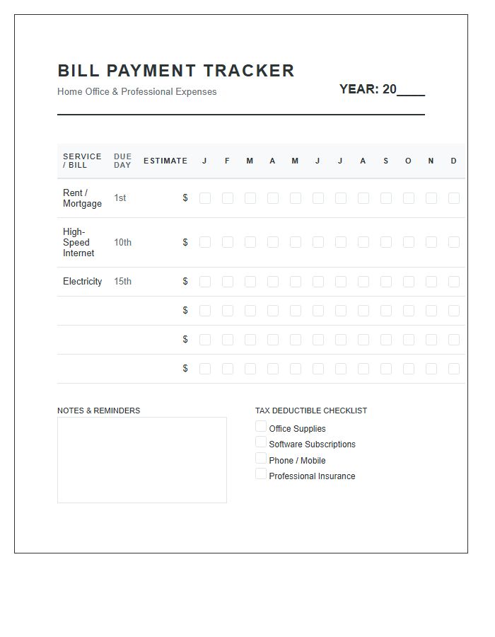Home Office Bill Payment Tracker Printable Chart