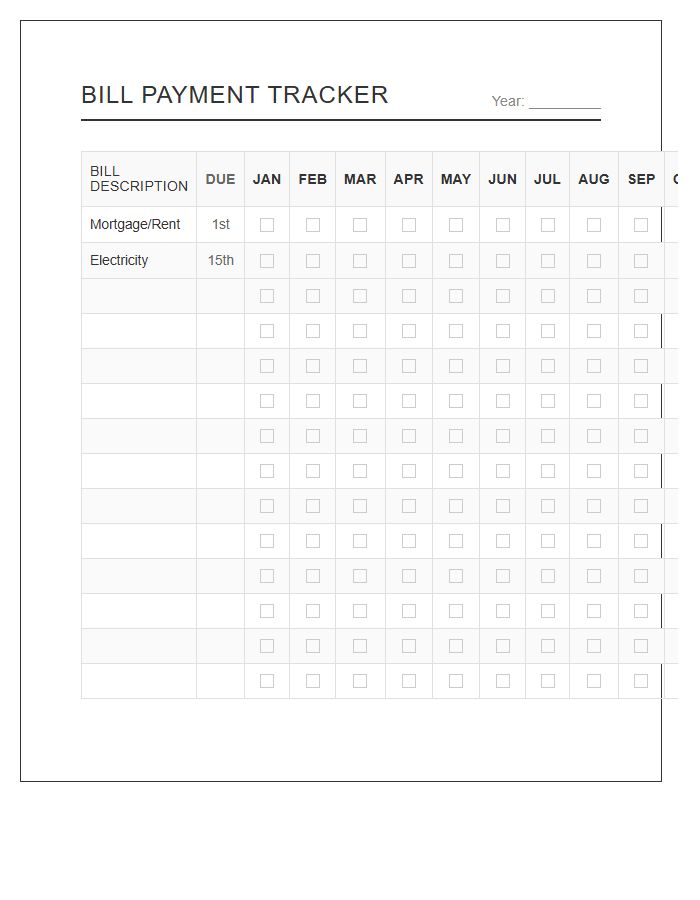 Minimalist Bill Payment Tracker Printable Chart