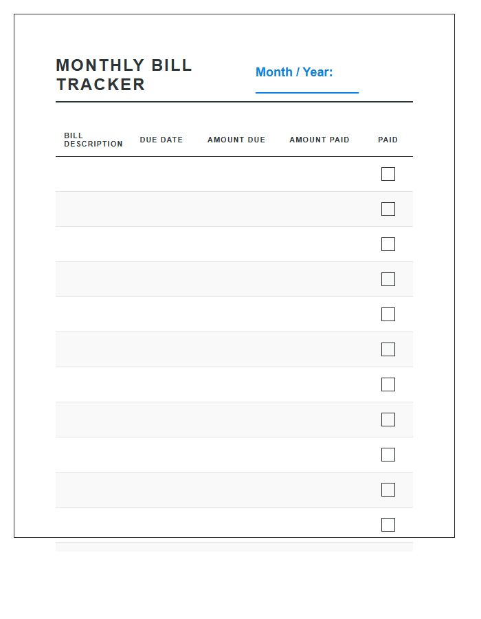 Monthly Bill Payment Tracker Printable Chart