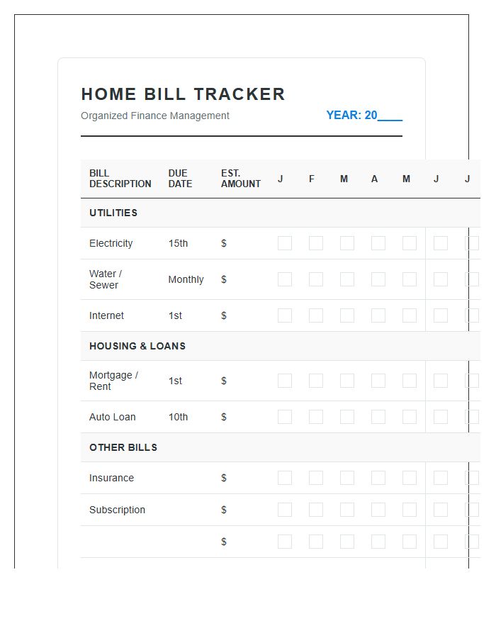 Organized Home Bill Payment Tracker Printable Chart