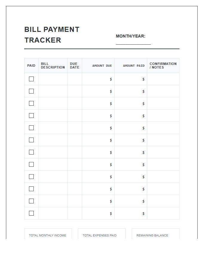 Personal Finance Bill Payment Tracker Printable Chart