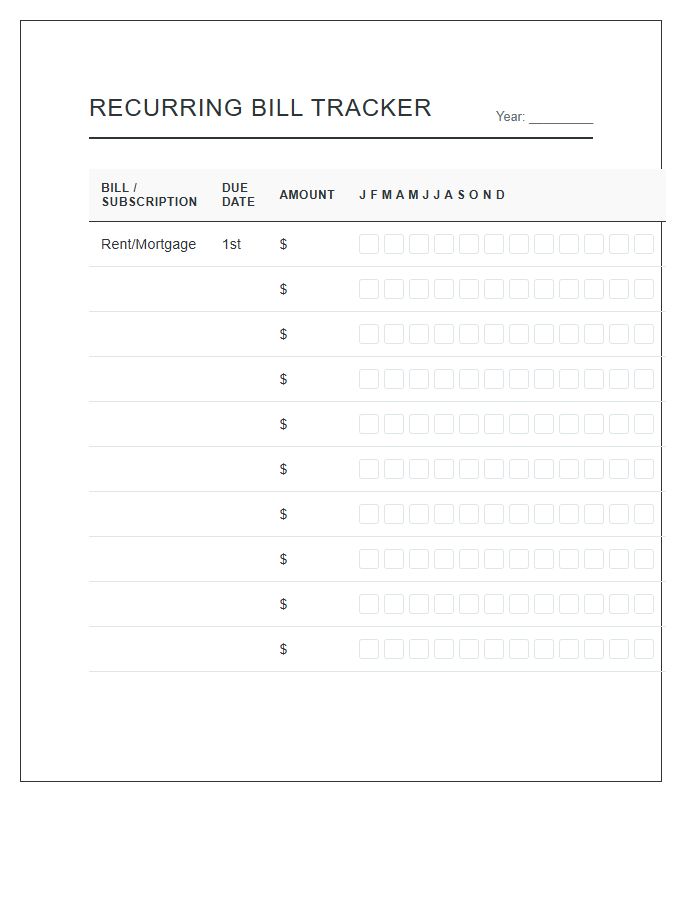 Recurring Bill Payment Tracker Printable Chart