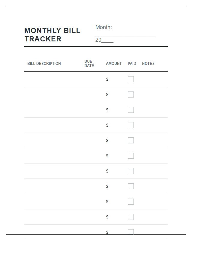 Simple Monthly Bill Payment Tracker Printable Chart