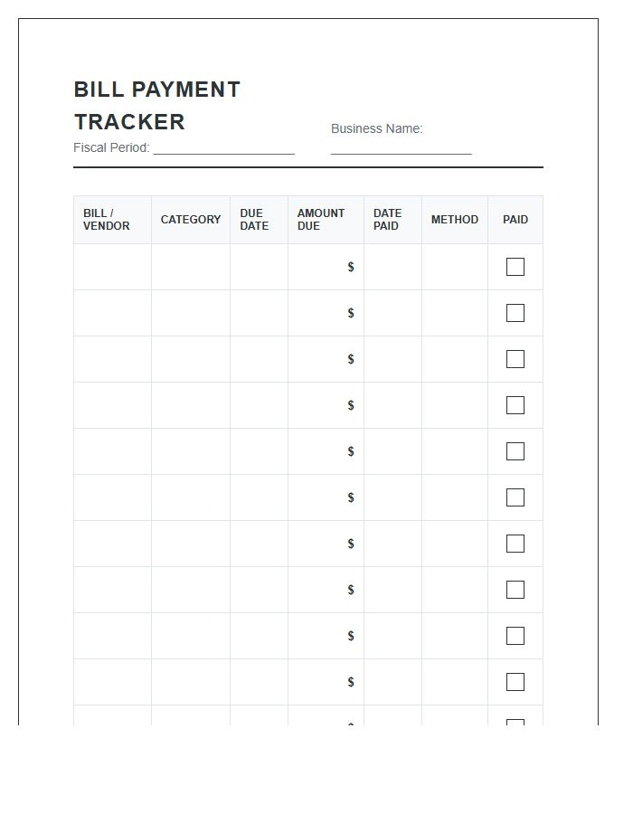 Small Business Bill Payment Tracker Printable Chart