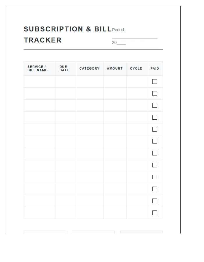 Subscription And Bill Payment Tracker Printable Chart