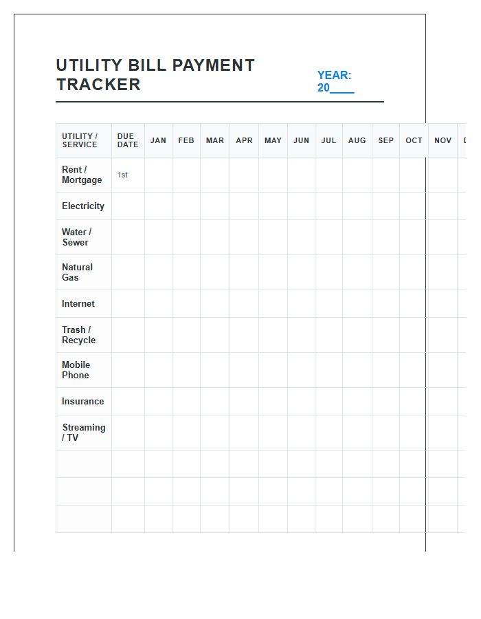 Utility Bill Payment Tracker Printable Chart