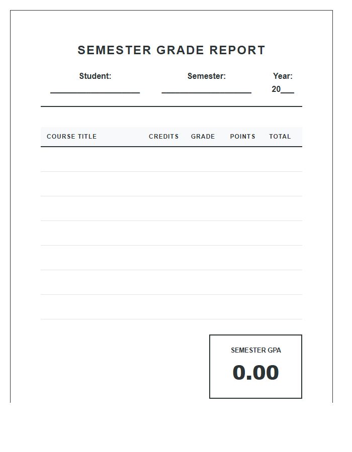 College Semester Gpa Printable Chart