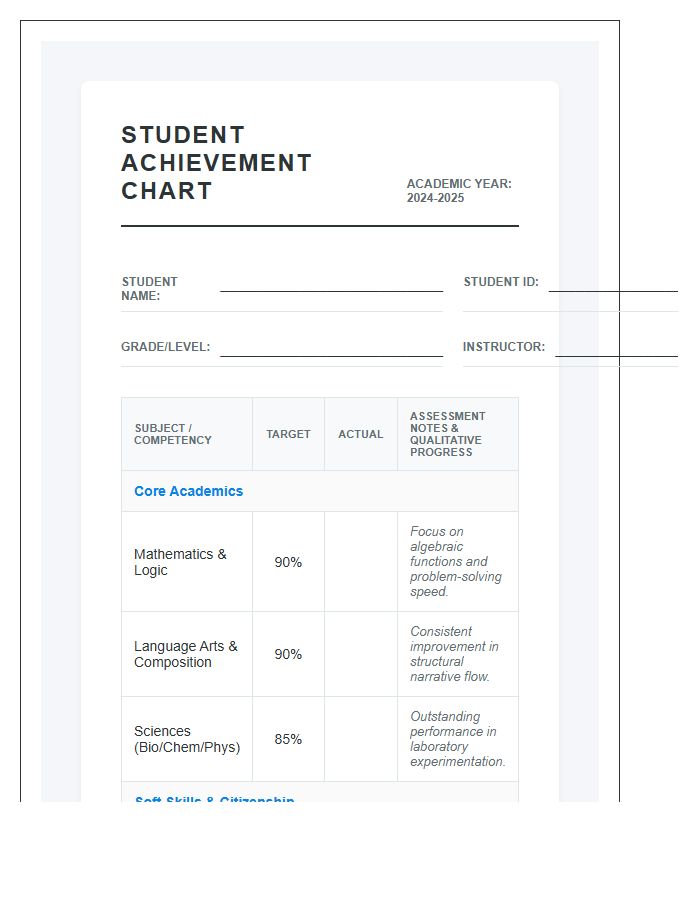 Comprehensive Student Achievement Printable Chart