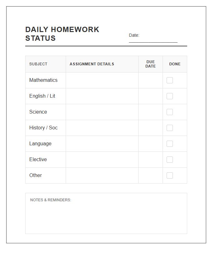 Daily Homework Status Printable Chart