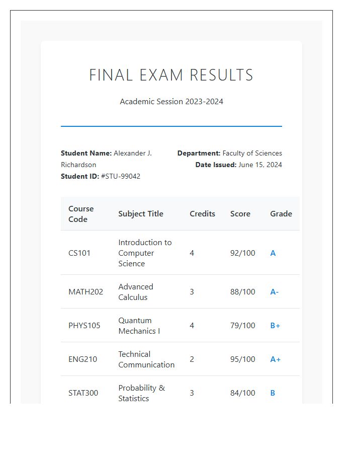 Final Exam Results Printable Chart
