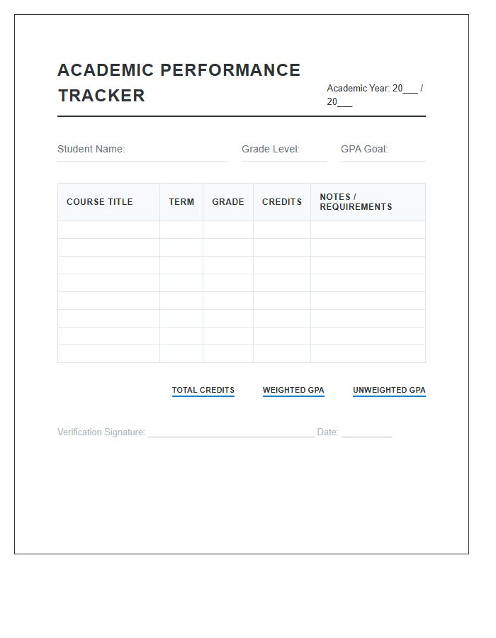 High School Grade Tracking Printable Chart