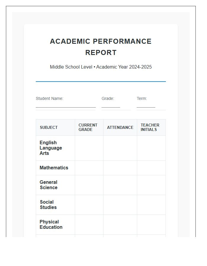 Middle School Academic Performance Printable Chart