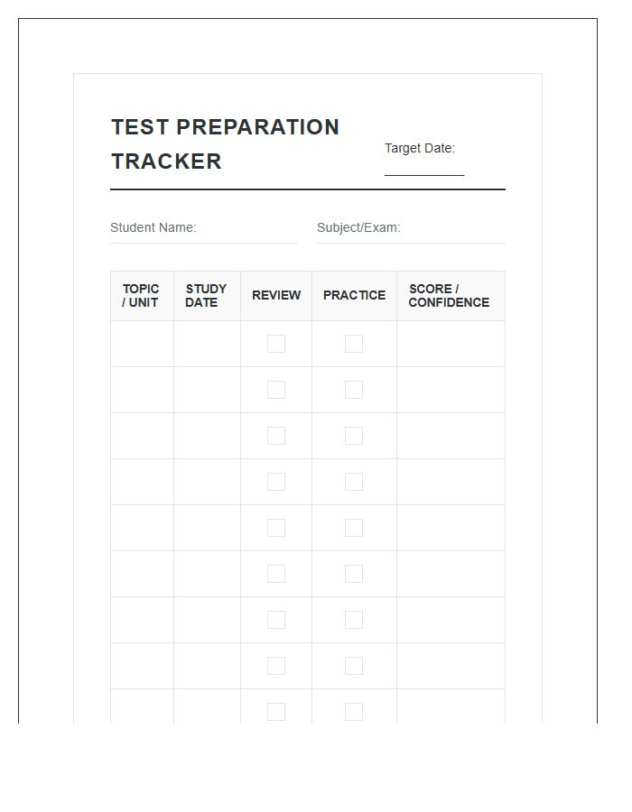 Standardized Test Prep Printable Chart