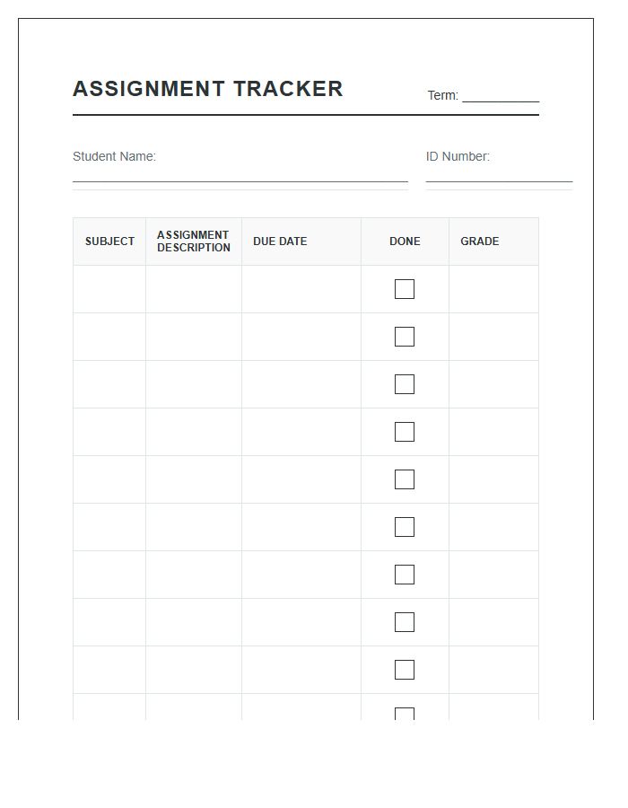 Student Assignment Completion Printable Chart
