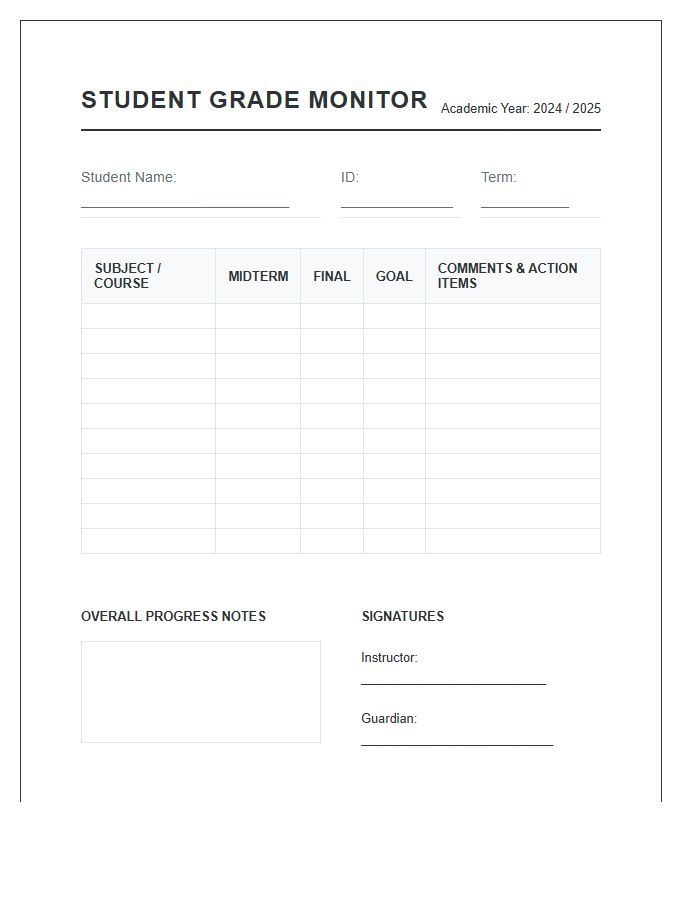 Student Grade Monitoring Printable Chart