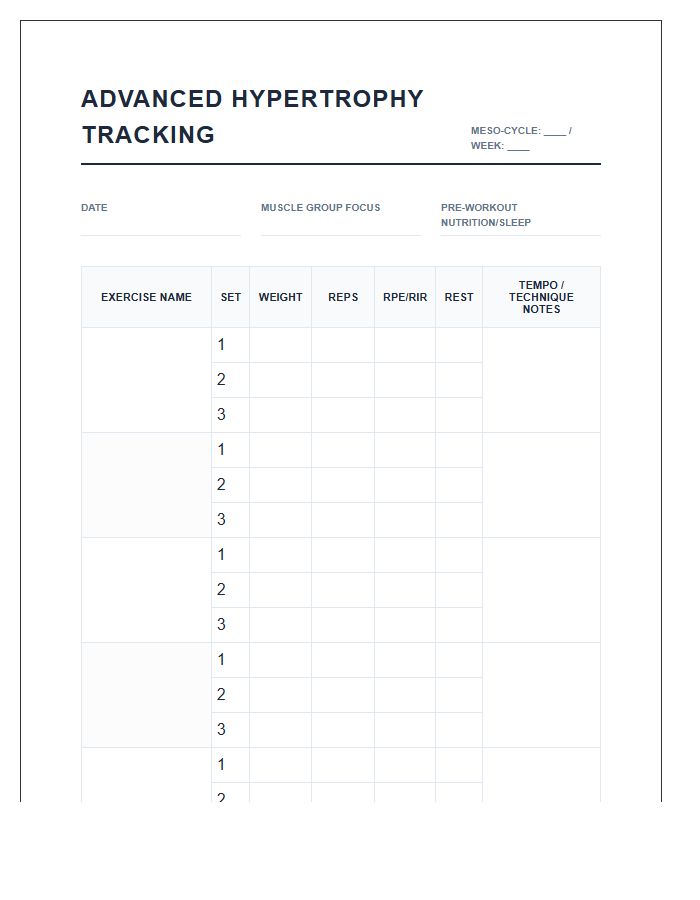 Advanced Hypertrophy Tracking Printable Chart