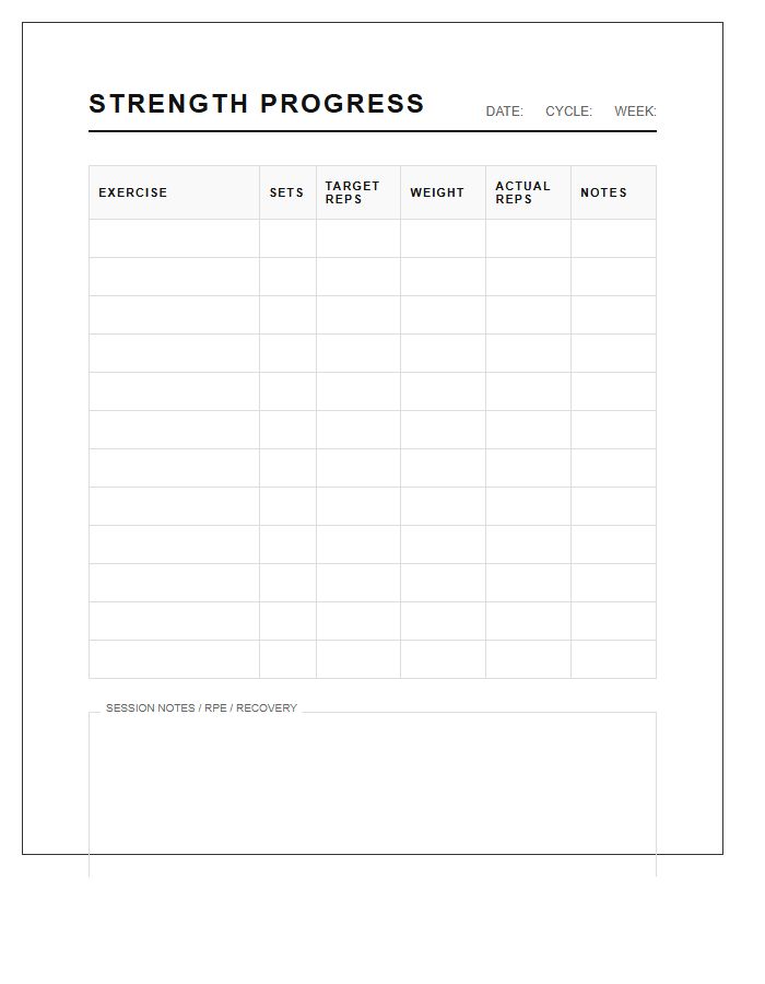 Bodybuilding Strength Tracking Printable Chart