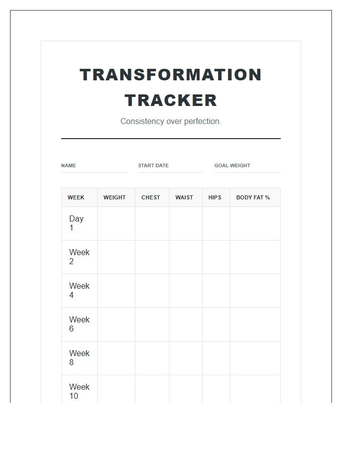 Fitness Transformation Progress Printable Chart
