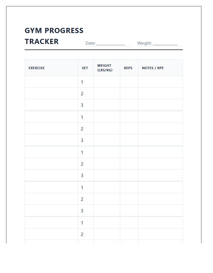 Gym Progress Monitoring Printable Chart