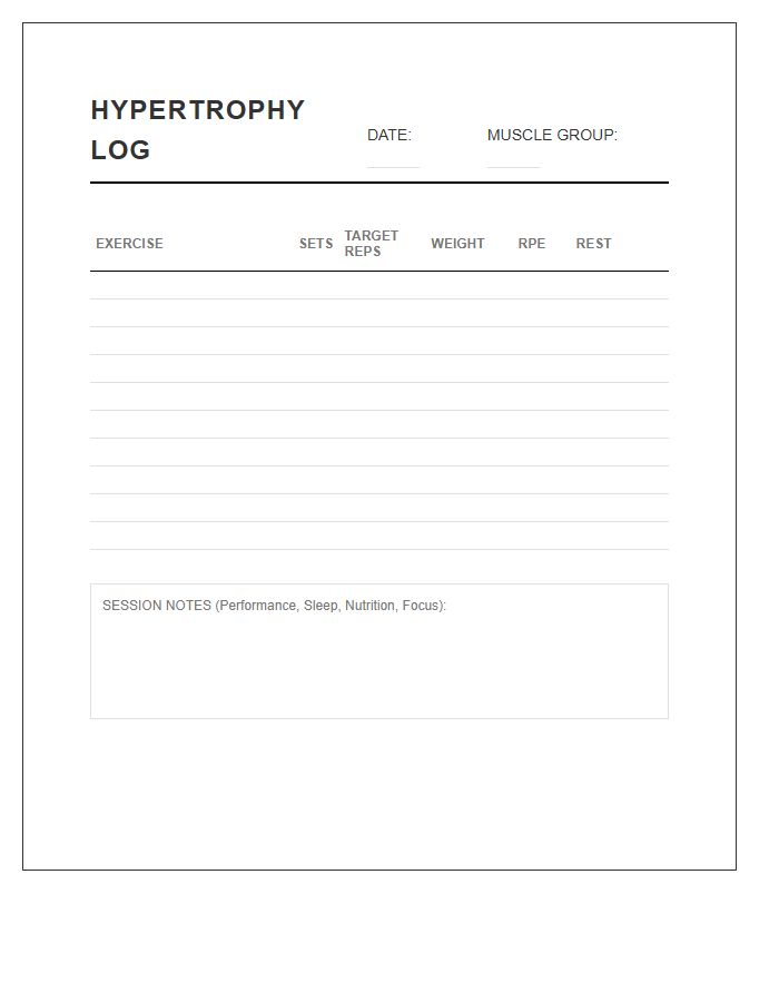 Hypertrophy Training Log Printable Chart