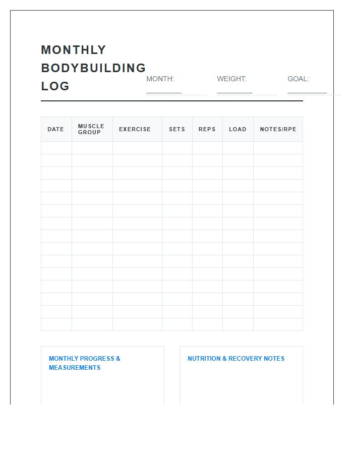 Monthly Bodybuilding Log Printable Chart