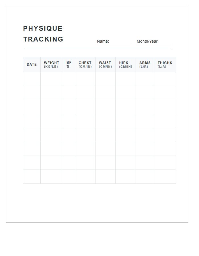 Physique Development Tracking Printable Chart