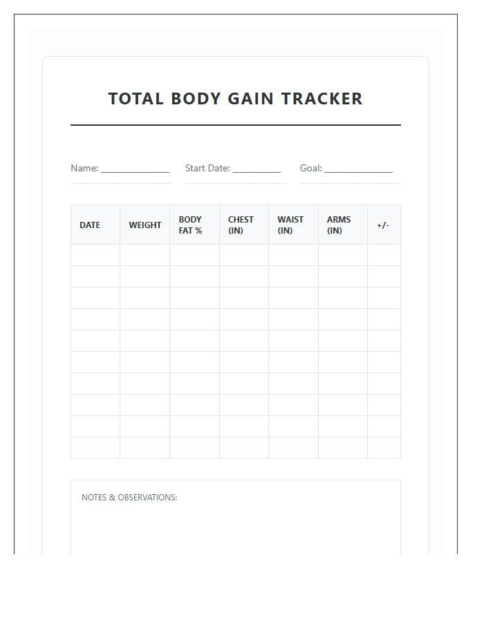 Total Body Gain Printable Chart