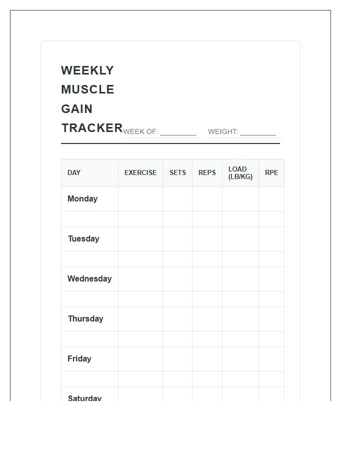Weekly Muscle Gain Printable Chart