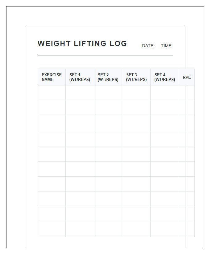 Weight Lifting Performance Printable Chart