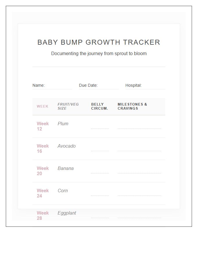 Baby Bump Growth Milestone Tracker Printable Chart