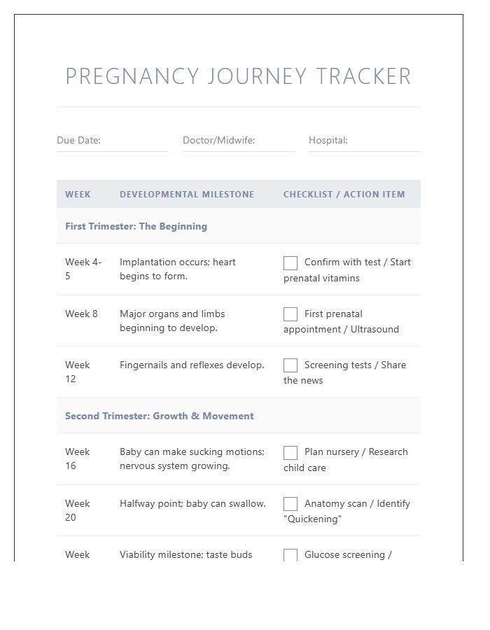 Detailed Pregnancy Milestone Tracker Printable Chart