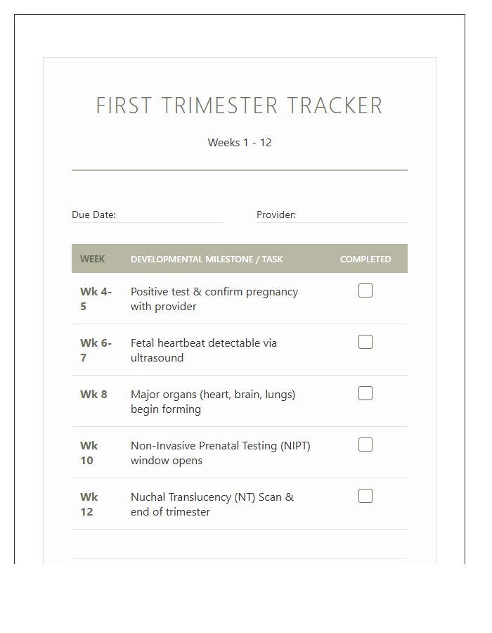 First Trimester Milestone Tracker Printable Chart