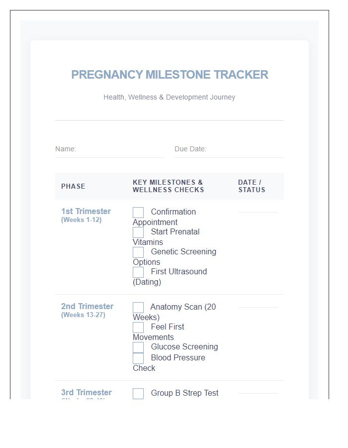 Health And Wellness Pregnancy Milestone Tracker Printable Chart
