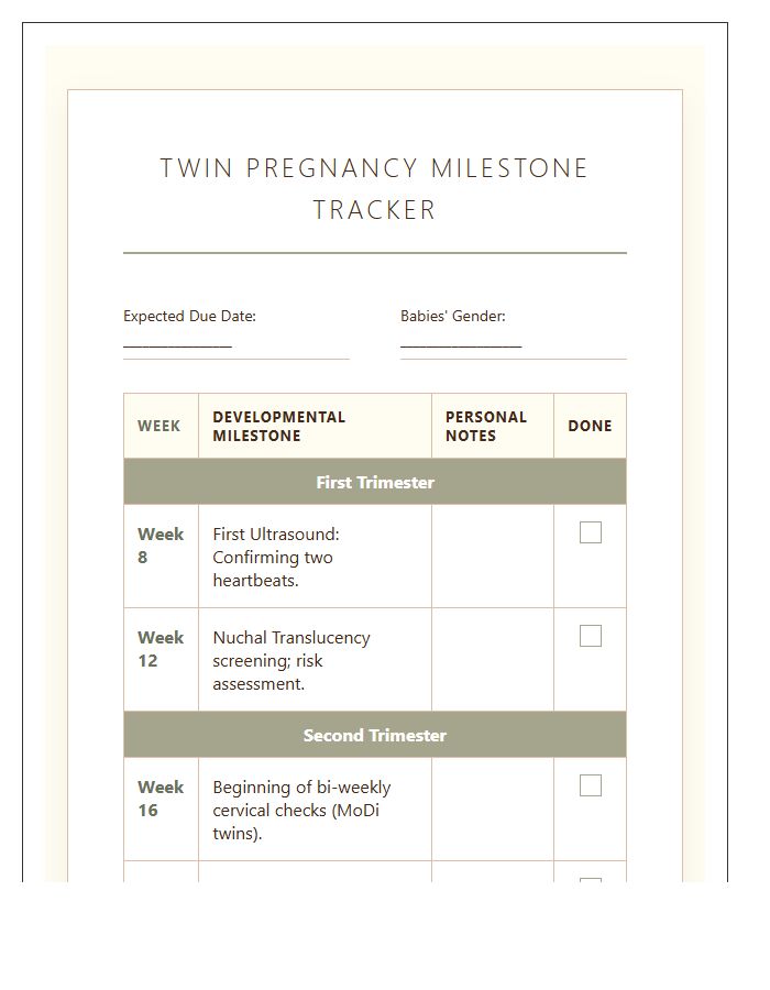 Twin Pregnancy Milestone Tracker Printable Chart