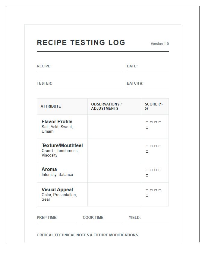Culinary Recipe Testing Printable Chart