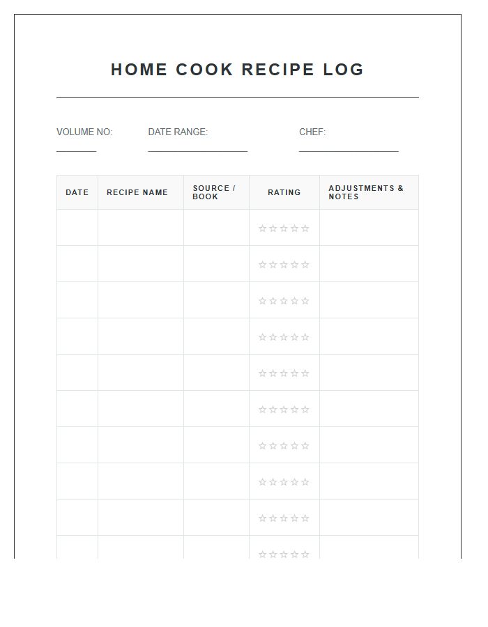 Home Cook Recipe Log Printable Chart