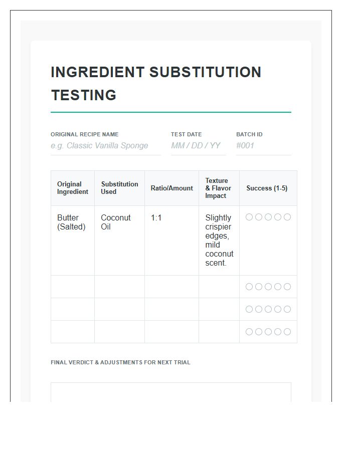 Ingredient Substitution Testing Printable Chart