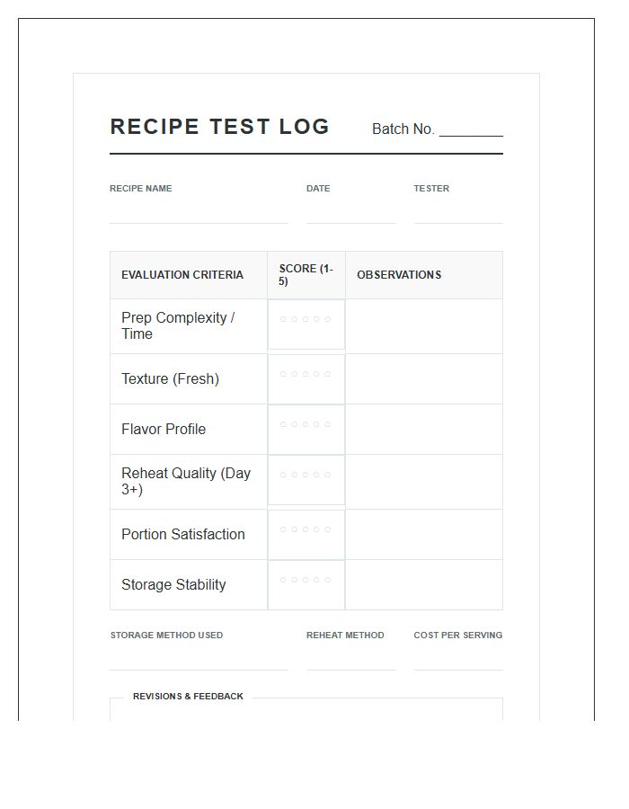 Meal Prep Recipe Testing Printable Chart