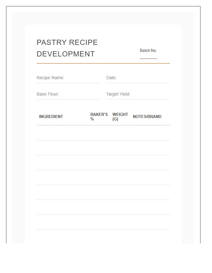 Pastry Recipe Development Printable Chart