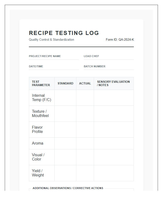 Professional Kitchen Testing Printable Chart