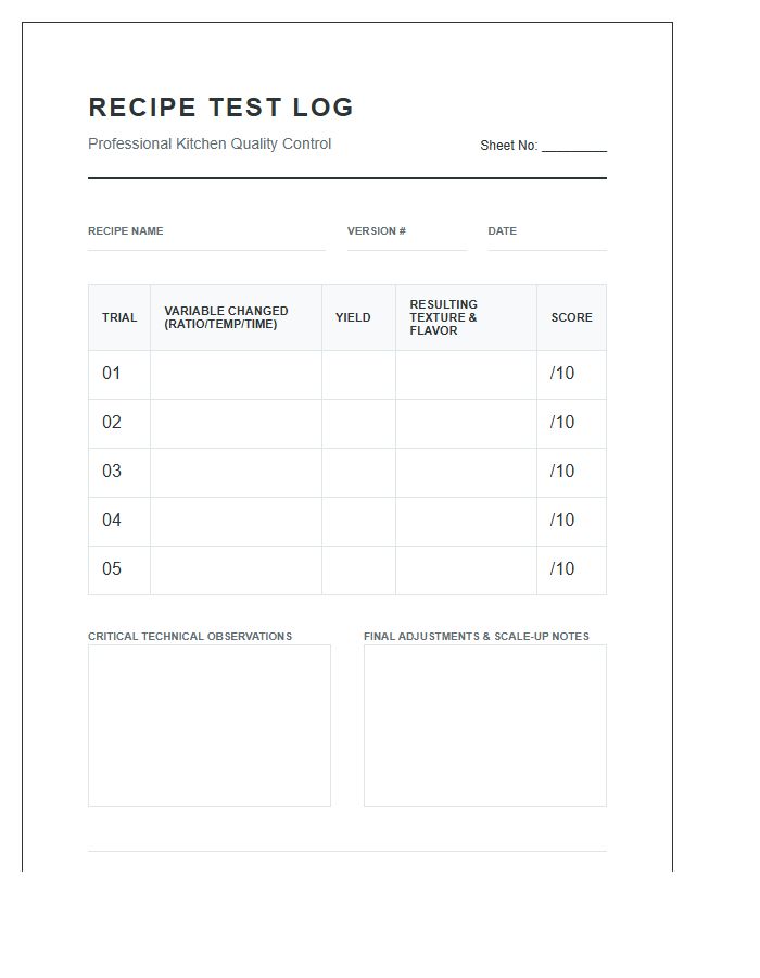 Professional Recipe Testing Tracker Printable Chart