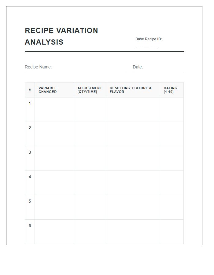 Recipe Variation Analysis Printable Chart