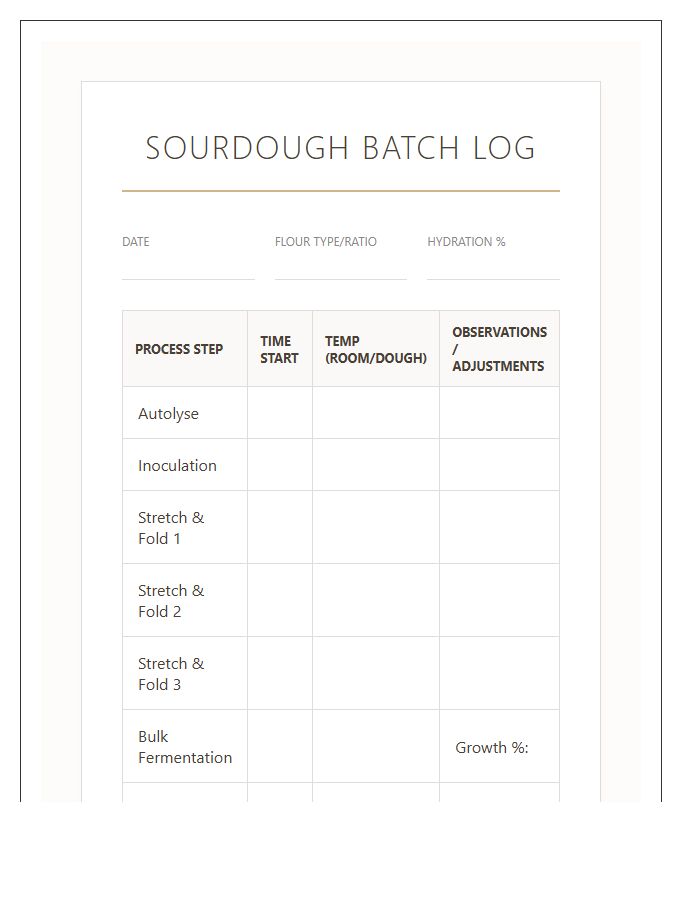 Sourdough Bread Testing Printable Chart