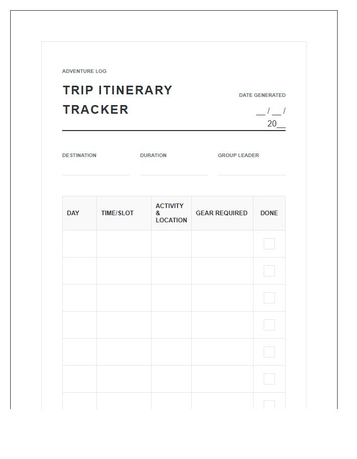 Adventure Trip Itinerary Tracker Printable Chart
