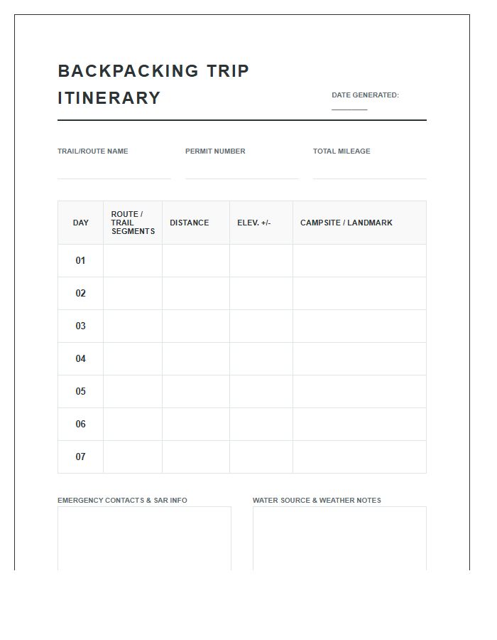 Backpacking Trip Itinerary Tracker Printable Chart