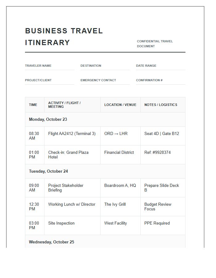 Business Travel Itinerary Tracker Printable Chart