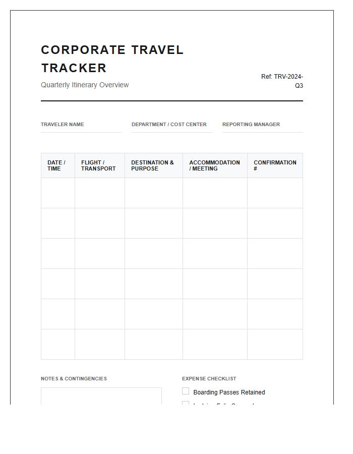 Corporate Travel Itinerary Tracker Printable Chart