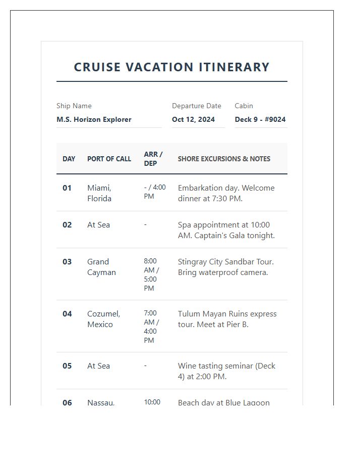 Cruise Vacation Itinerary Tracker Printable Chart