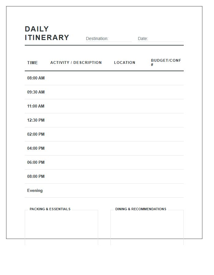 Daily Destination Itinerary Tracker Printable Chart
