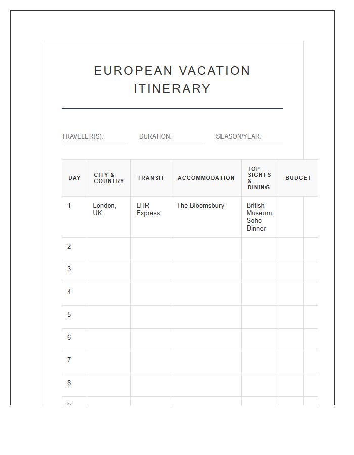 European Vacation Itinerary Tracker Printable Chart